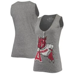 Original Retro Brand Women's Heathered Gray Arkansas Razorbacks Relaxed Henley Tri-Blend V-Neck Logo Tank Top -Deals Arizona Wildcats Store DSCO1140295926 1927 ALT1
