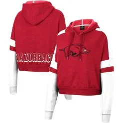 Colosseum Women's Cardinal Arkansas Razorbacks Throwback Stripe Arch Logo Cropped Pullover Hoodie