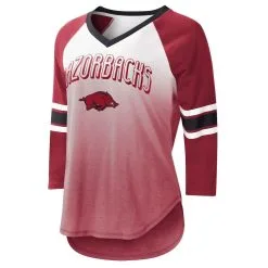 G-III 4Her By Carl Banks Women's White/Cardinal Arkansas Razorbacks Lead Off Ombre Raglan 3/4-Sleeve V-Neck T-Shirt